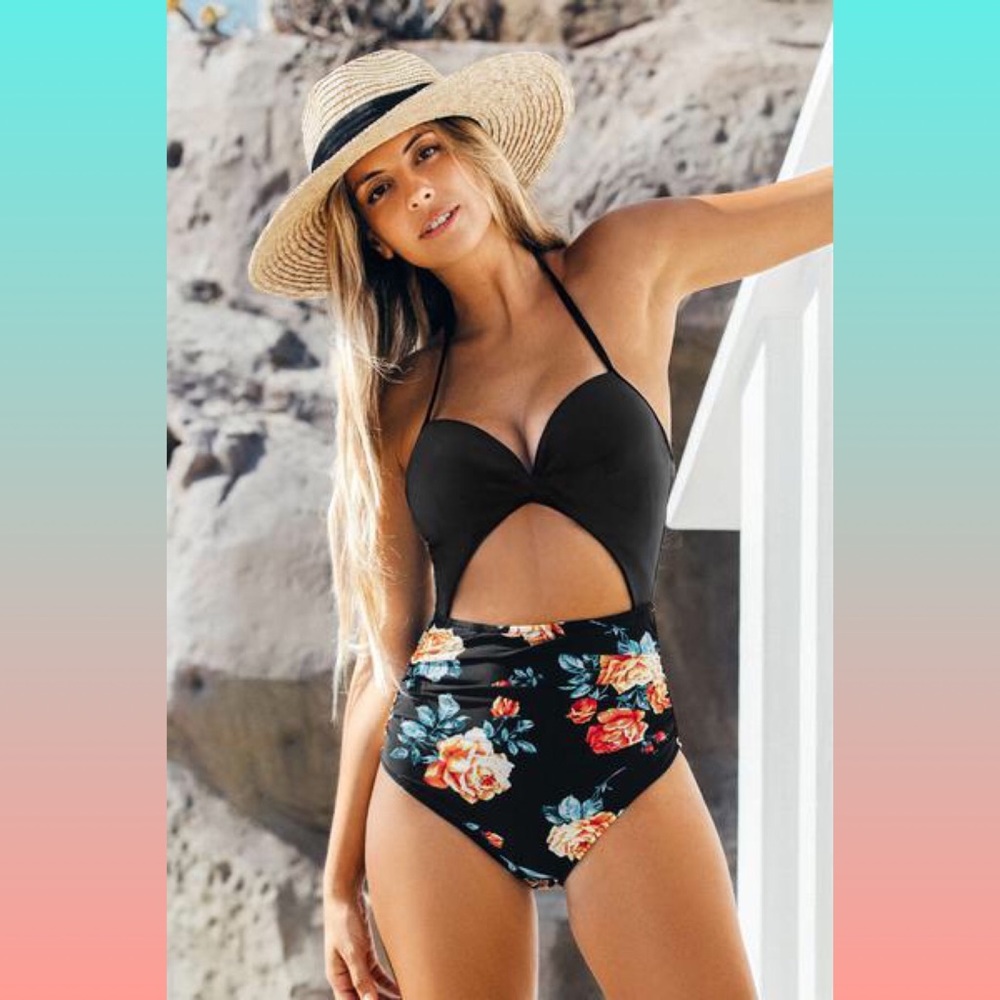 Cupshe Black Floral Print Halter OnePiece Swimsuit